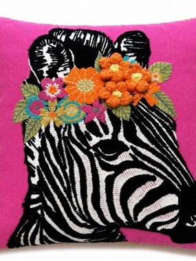 Embroidered Zebra Floral Throw Pillow 16x16 Pink Boho Pom Pom Accent Cushion